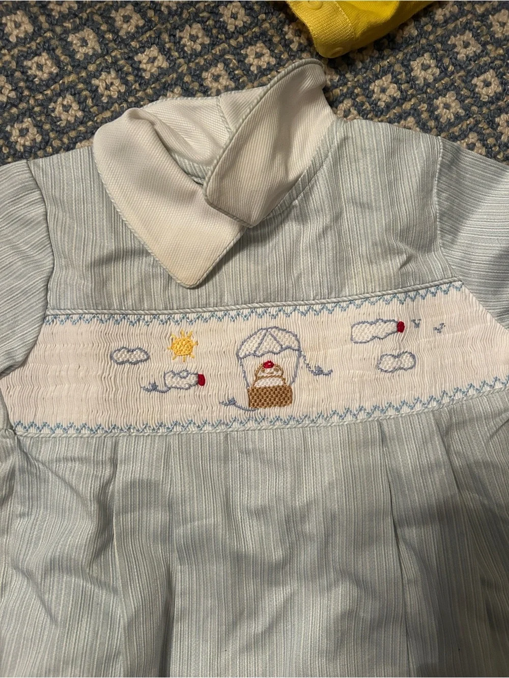 Carriage Boutique Light Blue and White Smocked Hot Air Balloon One-Piece